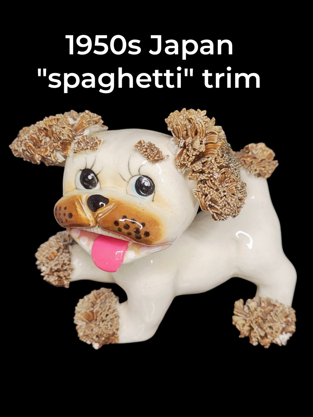 1950s Vintage Ceramic Dog Figurine with Tan 'Spaghetti' Trim Texturized-